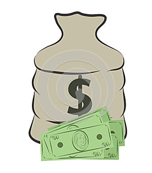 Money coins bag and bills, stock vector illustration