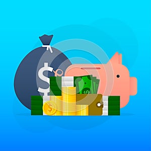 Money coins, bag. Budget icon. Abstract font with money coins.