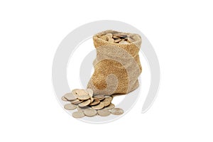 Money coins in bag isolated over white