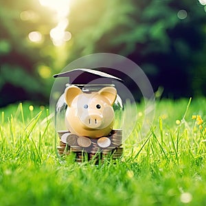 Money coins in grass with piggy bank,Education savings concept,Personal financial planning for the future,AI generated