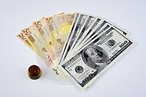 Money and coins  with white gray background for financa or business sector photo