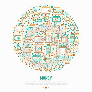 Money concept in circle with thin line icons