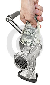 Money concept. Hand and dollars are milled in a meat grinder. png transparent