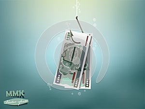 Money concept illustration, Myanmar kyat money paper on fish hook