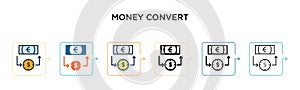 Money convert vector icon in 6 different modern styles. Black, two colored money convert icons designed in filled, outline, line