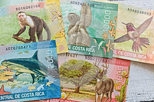 Money from Costa Rica, Colones, Various banknotes spread out on the table