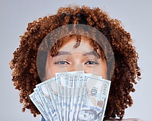 Money, cover face and portrait of woman isolated on white background winning, cash fan or finance loan. Lottery, bank
