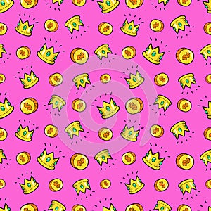 Money and Crowns Seamless Pattern. Fashion Background in Retro Comic Style