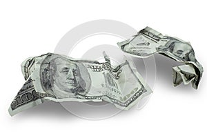 Money crushed one hundred dollar bills isolated on white background