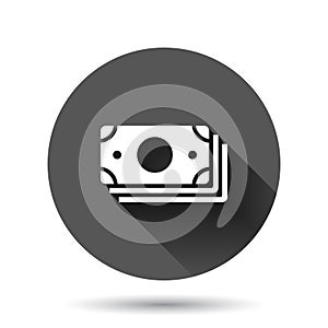 Money currency banknote icon in flat style. Dollar cash vector illustration on black round background with long shadow effect.