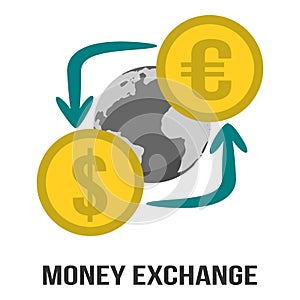 Money Currency Exchange In Dollar & Euro With Globe in Center of Sign Symbol