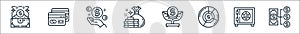 money and currency line icons. linear set. quality vector line set such as money management, safe box, pie graph, money tree, cit