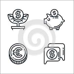 Money and currency line icons. linear set. quality vector line set such as money talk, euro coin, piggy bank