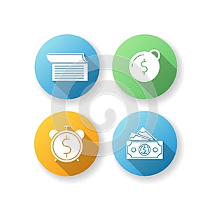 Money debt flat design long shadow glyph icons set