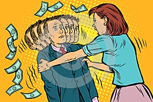 Money demand. The wife shakes her husband. Women and men unequal relations, exploitation
