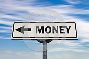 Money direction road sign on blue sky background