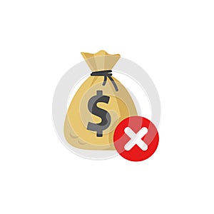 Money disapproved sign vector icon, flat money bag error, concept of declined canceled transaction or prohibited cash