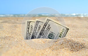 Money dolars half covered with sand lie on on sandy beach near sea ocean