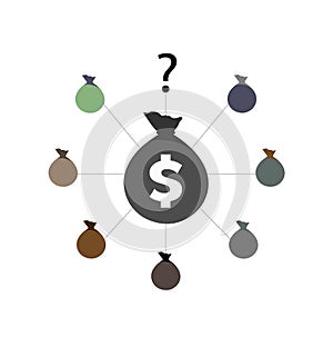 Money dollar bag icon. Multi-colored silver purse around silver gray bag