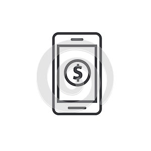 Money dollar coin on mobile phone vector icon, line outline smartphone with cash symbol, concept of money transfer via
