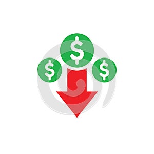 Money dollar down arrow, falling finance graphic - concept icon design. Crash collapse sign. Vector illustration.