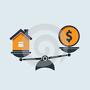 Money dollar and house scales icon. Money and house balance on scale. Real estate sale. Weights with house and money coin. Vector