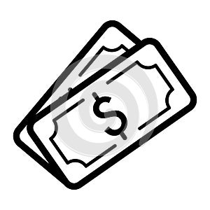 Money dollar vector icon. Black and white cash illustration. Outline linear banking icon.