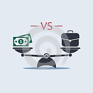 Money dollar vs briefcase on scale. vector symbol in flat style