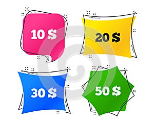 Money in Dollars icons. Ten, twenty, fifty USD. Vector