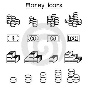 Money, Earning, Income, Benefit, Profit & Coins icon set in thin