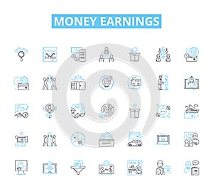 Money earnings linear icons set. Income, Salary, Wages, Profit, Revenue, Earnings, Paycheck line vector and concept