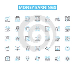 Money earnings linear icons set. Income, Salary, Wages, Profit, Revenue, Earnings, Paycheck line vector and concept