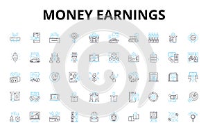 Money earnings linear icons set. Income, Salary, Wages, Profit, Revenue, Earnings, Paycheck vector symbols and line