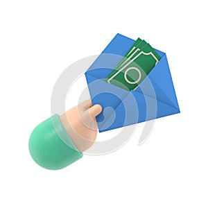 Money in envelope hold in hand businessman. Cash american dollars. Financial gift.3d illustration flat design. Finance concept.