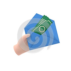 Money in envelope hold in hand businessman. Cash american dollars. Financial gift.3d illustration flat design. Finance concept