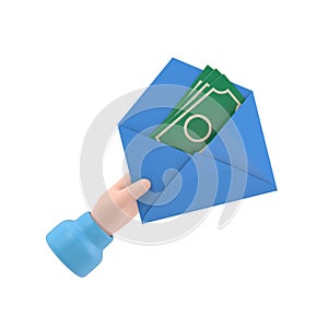 Money in envelope hold in hand businessman. Cash american dollars. Financial gift.3d illustration flat design. Finance concept