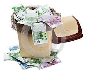 Money euro in bin. Currency collapse.