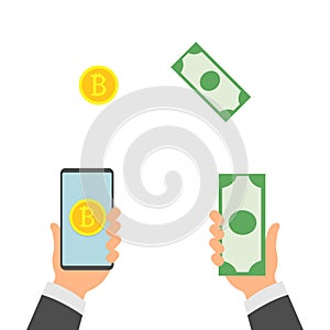 Money Exchange Banking Concept Vector. Human Hand Banner. Hand Holding Smartphone. Mobile Smart Phone And Hands. Dollar