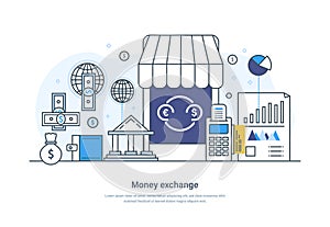 Money exchange banking service, financial business operations concept. Currency converter, secure money transfer, crypto exchange