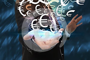 Money exchange concept. Businessman with euro currency symbols on blue background, closeup