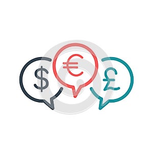Money exchange in three Chat bubble design. Banking currency sign. Euro and Dollar Cash transfer symbol. Stock Vector illustration