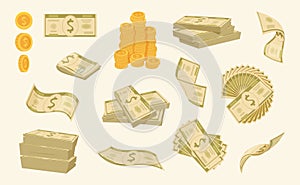 Money. Falling dollar banknotes stack of cash exact vector cartoon paper money