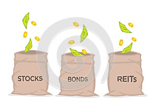 Money falling from the sky into three sacks of stocks, bonds and REITS