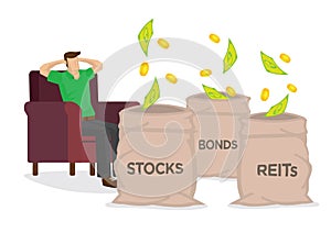Money falling from the sky into three sacks of stocks, bonds and REITS while resting on a chair. Passive income or investment gain