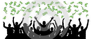 Money falls on crowd people. Cheerful people are happy luck. Dollar rain vector illustration. Reaching a team of people