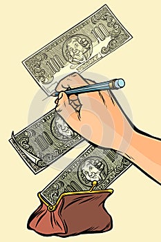 Money falls into the purse. Counterfeiter draws money dollars photo