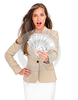 Money, fan and portrait of woman with surprise for cash on studio, white background and mockup. Professional, person and