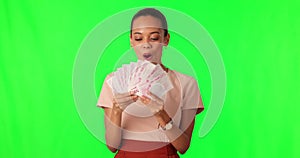 Money, fan and woman on green screen, wow and winner bonus, financial success and lottery or profit and cashback