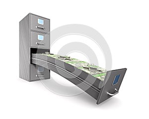 Money into filing cabinet on white background. Isolated 3D illustration