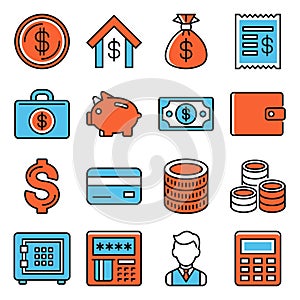 Money, Finance and Banking Icons Set on White Background. Vector